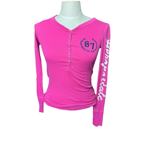 Y2K Aéropostale Pink Long Sleeve Henley Preppy Ribbed Embroidered M GUC - Picture 1 of 7